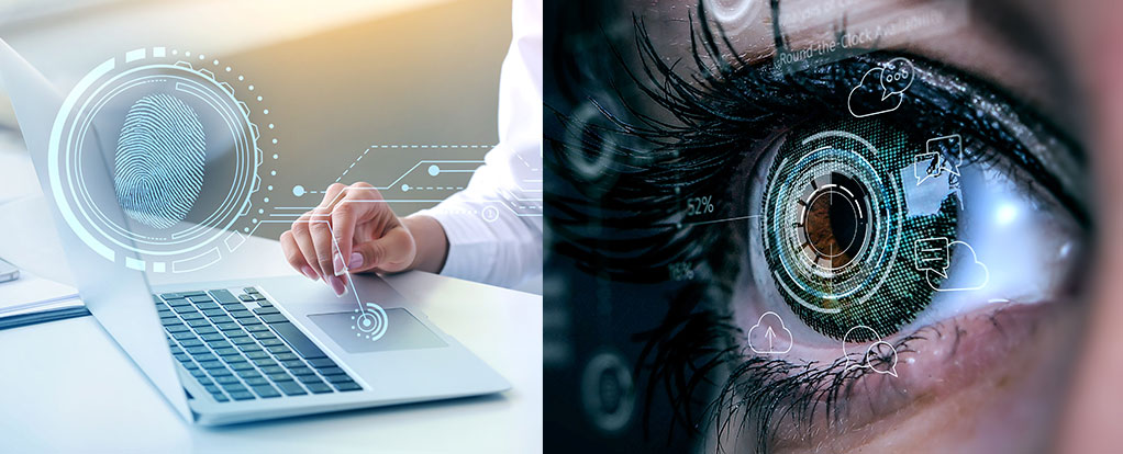 Zwei-Faktor-Authentifizierung per Biometrie. Bild: stock.adobe.com/Pixel-Shot https://stock.adobe.com/de/images/young-businesswoman-logging-into-electronic-personal-account-in-office/481439063 / Sergey Nivens https://stock.adobe.com/de/images/close-up-of-woman-eye-in-process-of-scanning/430089772 / Montage: IT-SERVICE.NETWORK
