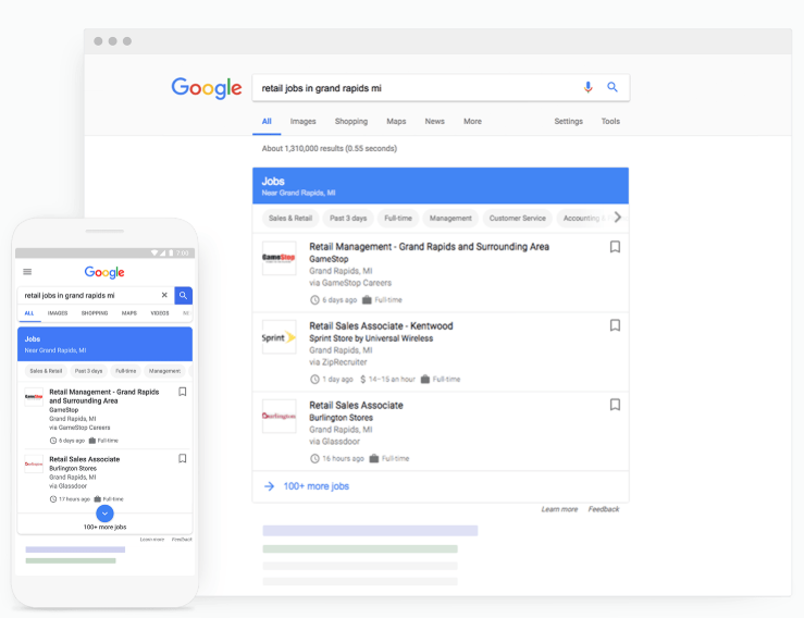 Google-Suchmaschine zeigt die Ergebnisse von Google for Jobs Deutschland in der mobilen Ansicht und auf dem Desktop. (Bild: Screenshot https://jobs.google.com/about/#!#jump)