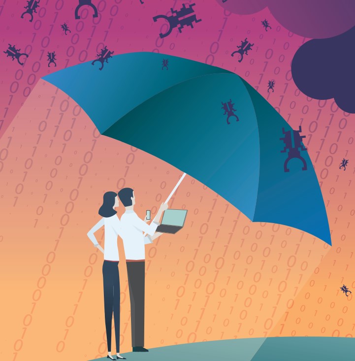 Zu sehen ist eine Grafik von einem Mann und einer Frau mit Handy und Laptop, die unter einem Regenschirm stehen und vor herunterregnender Malware geschützt sind. Es ist das Titelbild der Publikation acatech Horizonte. Bild: Screenshot