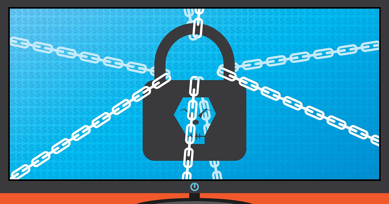 Das Bild zeigt einen Computer, auf dem ein Schloss mit Ketten gesichert ist. Es verdeutlicht einen Ransomware-Angriff. Bild: Pixabay/katielwhite91
