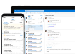 Zu sehen sind ein Tablet und ein Smartphone und ein Laptop-Bildschirm, auf denen Exchange Server aufgerufen ist. Microsoft warnt vor Exchange-Sicherheitslücken. Bild: Microsoft