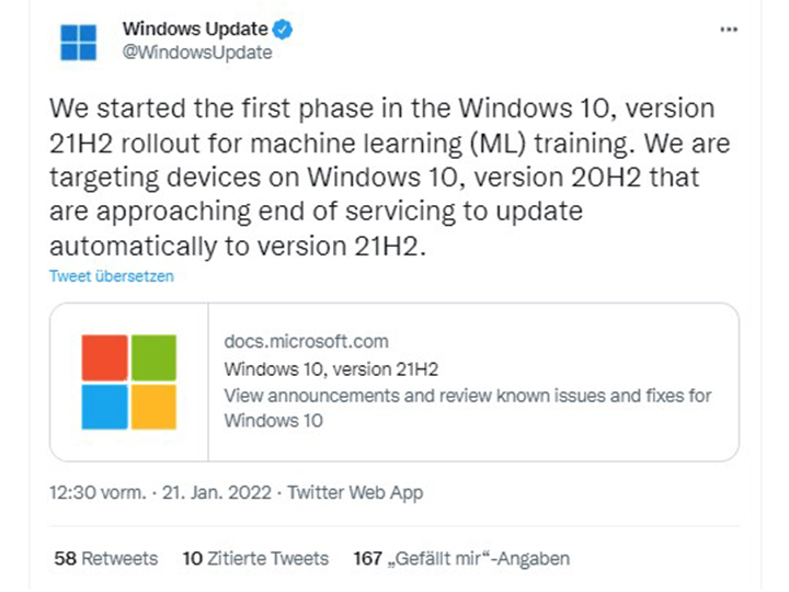 Zu sehen ist der Screenshot eines Tweets, der auf ein Zwangsupdate auf Windows 10 21H2 hinweist. Bild: Screenshot Twitter