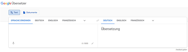 Zu sehen ist ein Screenshot des Übersetzungstools Google Translate. Bild: Screenshot Google Translate
