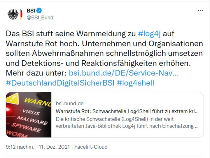 Zu sehen ist der Screenshot eines Twitter-Posts des BSI zur Log4j-Sicherheitslücke. Bild: Screenshot Twitter