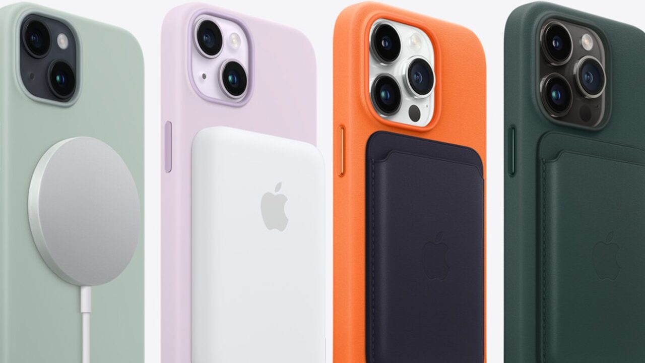 zu sehen sind vier iPhones mit integriertem Magneten in der Rückseite. Thema ist Qi2, der neue Standard für ein kabelloses Laden. Bild: Apple