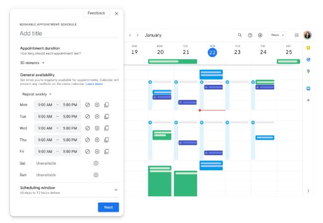 Zu sehen ist ein Screenshot, der zeigt, wie sich die Online-Terminbuchung über den Google-Kalender einrichten lässt. Bild: Google