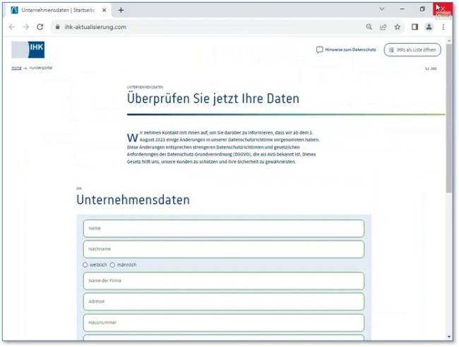 Zu sehen ist ein Webseiten-Formular, das Cyberkriminelle für das IHK-Phishing verwenden. Bild: IHK Wiesbaden