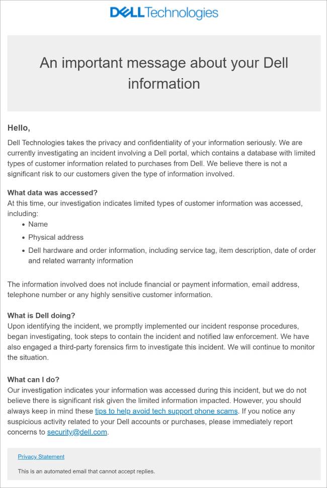 Zu sehen ist der Screenshot einer E-Mail, mit der Kunden im englischsprachigen Raum über das Datenleck bei Dell informiert worden sind. Bild: Bleeping Computer