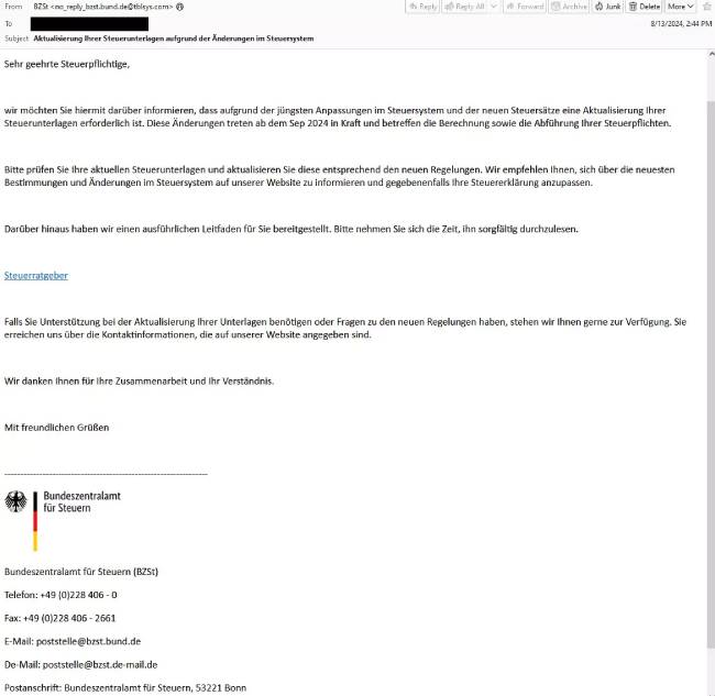 Zu sehen ist ein Screenshot einer Phishing-Mail einer Kampagne mit der Voldemort-Malware. Bild: proofpoint