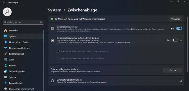 Zu sehen ist ein Screenshot der Windows-Einstellungen, in denen der Zwischenablageverlauf aktiviert werden kann. Bild: IT-SERVICE.NETWORK