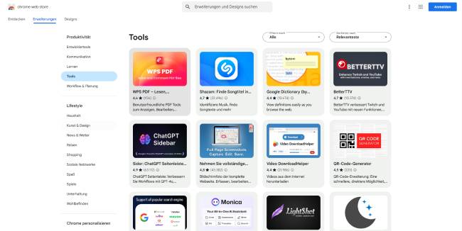 Zu sehen ist ein Screenshot von Browser-Erweiterungen im chrome web store. Bild: Screenshot chrome web store