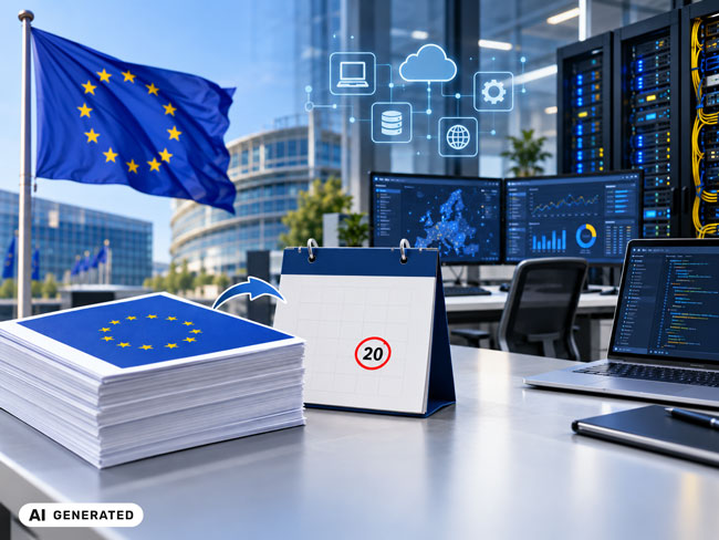 Eu-Flagge, kalender mit Frist, Gesetzestexte sowie eine IT-Umgebung mit Rechnern und Server. Bild: ChatGPT (Bild erstellt mit KI)