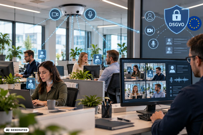 Haftung für Roboter: Büro mit Mitarbeitern an PCs und mit Kameraüberwachung. Bild: ChatGPT (Bild erstellt mit KI)