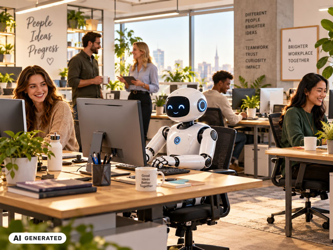 Helles Büro mit mehreren Mitarbeitern an PCs. An einem Schreibtisch sitzt ein humanoider Roboter. Bild: Chat GPT (Bild erstellt mit KI)
