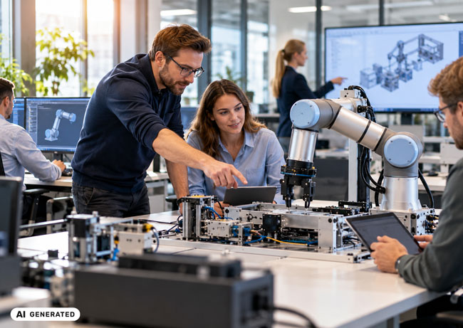 Haftung für Roboter: Mehrere Personen arbeiten mit einem autonomen Roboter-Arm. Bild: ChatGPT (Bild erstellt mit KI)